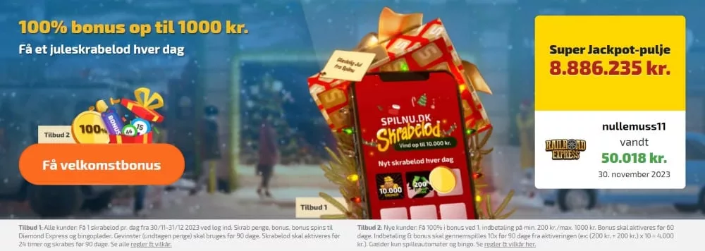 SpilnuDK bonus 100% op til 1000 kr og en juleskrabelod hver dag