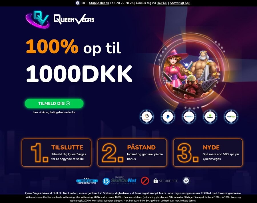 Queen Vegas velkomsttilbud - 100% op til 1.000 kr.