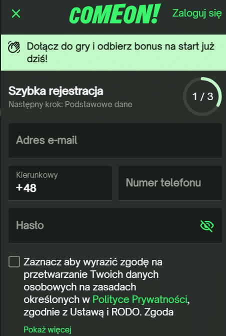 comeon rejestracja formularz rejestracyjny comeon