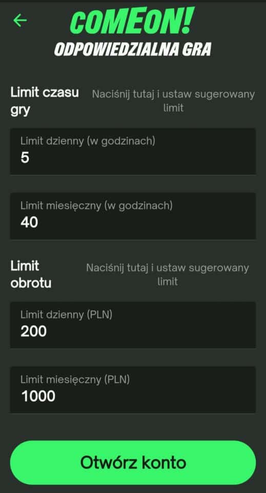 comeon zakładanie konta limity i rejestracja konta comeon