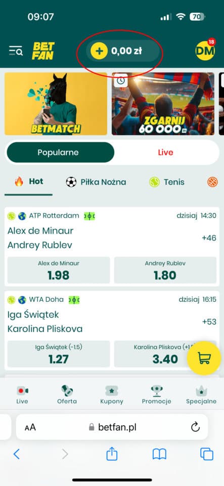 saldo konta - miejsce do rozpoczęcia depozytu w Betfan Betfan wpłata