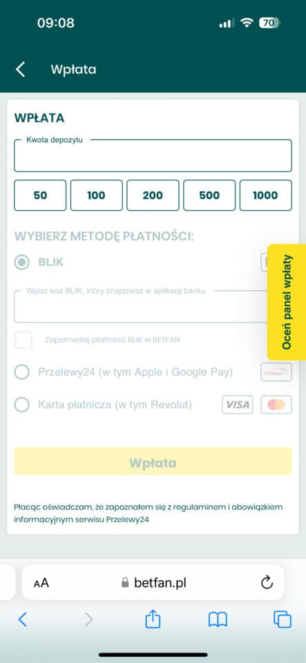 wpisanie kwoty depozytu w Betfan wybór metody płatności w Betfan
