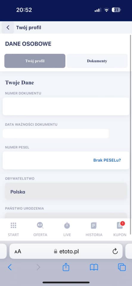 Weryfikacja danych osobowych w ETOTO dane przy weryfikacji ETOTO