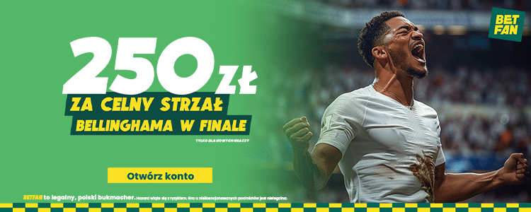 Bonus 250 zł w Betfan za celny strzał Bellinghama w meczu Hiszpania - Anglia Freebet 250 zł w Betfan za celny strzał Bellinghama w finale Euro 2024