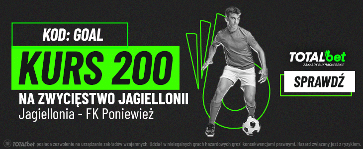Kurs 200.00 na wygraną Jagiellonii z FK Poniewież Totalbet promocja na mecz Jagiellonia - FK Poniewież