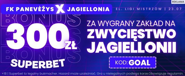 Bonus 300 zł w Superbet za zwycięstwo Jagi 300 zł w Superbet za wygraną Jagiellonii