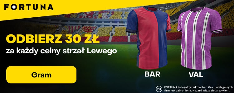 30 zł bonusu za celny strzał Lewandowskiego z Valladolid Promocja w Fortuniena spotkanie FC Barcelona - Real Valladolid
