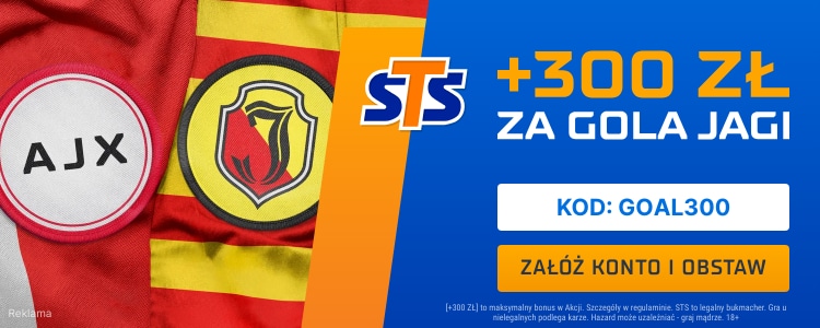 Bonus 300 zł za gola Jagiellonii Białystok w meczu z Ajaksem Amsterdam Promocja w STS na mecz Ajax Amsterdam - Jagiellonia Białystok