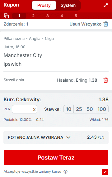 Gol Haalanda = 300 zł bonusu w Superbet, kupon Kupon z typem na gola Haalanda w Superbet