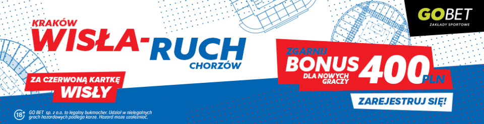 Bonus 400 zł w GO+bet na mecz Wisła - Ruch Promocja w GO+bet na mecz Wisła Kraków - Ruch Chorzów