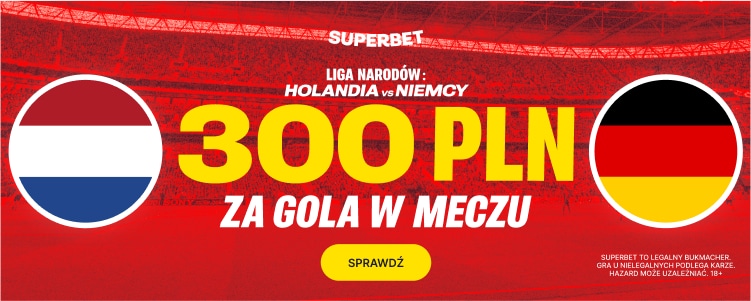 300 zł bonusu w Superbet za bramkę jednego z zespołów w meczu Holandia - Niemcy Promocja w Superbet na spotkanie Holandia - Niemcy