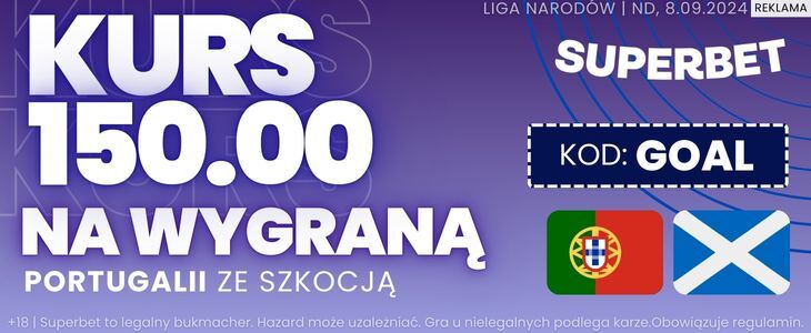 300 zł bonusu w Superbet na wygraną Portugalii ze Szkocją Promocja w Superbet na spotkanie Portugalia - Szkocja