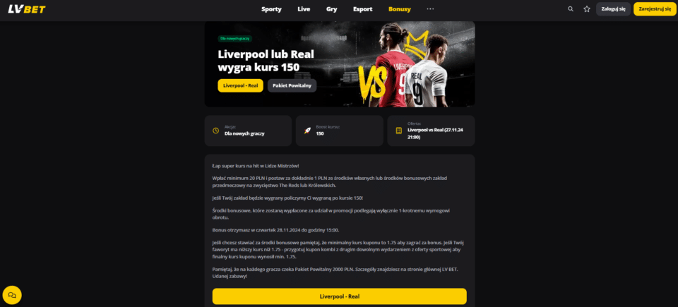 Warunki promocji LV BET na mecz Liverpool - Real Podstrona promocji LV BET na mecz Liverpool - Real