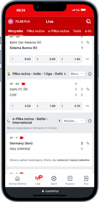 Superbet TV - sekcja live transmisji