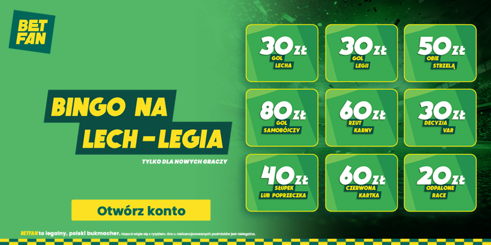Nawet 400 zł bonusu od Betfan za mecz Lecha z Legią Bonus Betfan na mecz Lech - Legia