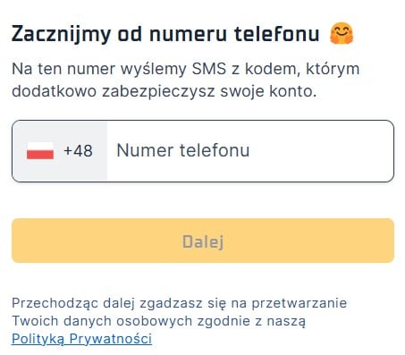 STS rejestracja - krok 1 numer telefonu