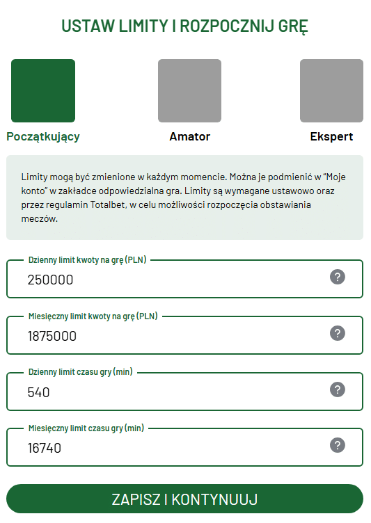 TOTALbet limity na grę