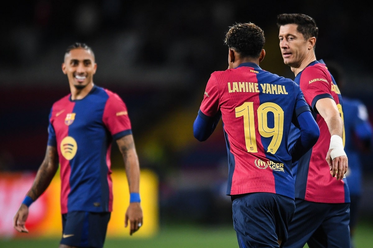 Lamine Yamal, Raphinha i Robert Lewandowski (FC Barcelona - Atalanta BC)