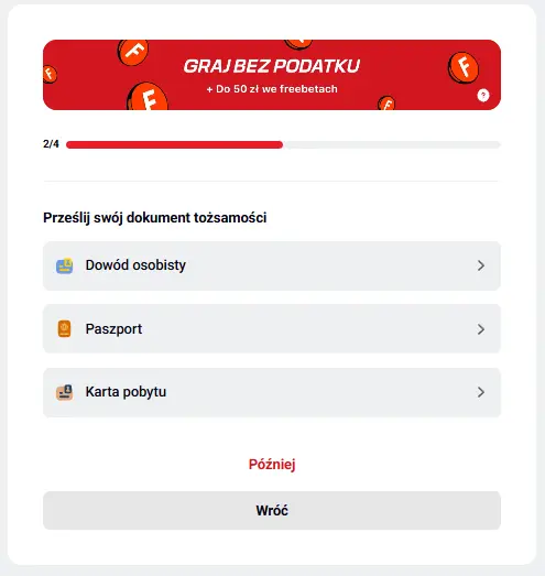 Przedstawiony panel rejestracyjny Betclic - ekran 2 ma pomóc użytkownikowi zapoznać się z kolejnymi etapami rejestracji Przedstawiony panel rejestracyjny Betclic - ekran 2 ma pomóc użytkownikowi zapoznać się z kolejnymi etapami rejestracji