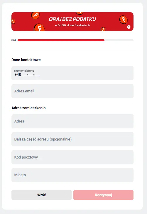 Przedstawiony panel rejestracyjny Betclic - ekran 2 ma pomóc użytkownikowi zapoznać się z kolejnymi etapami rejestracji Przedstawiony panel rejestracyjny Betclic - ekran 3 ma pomóc użytkownikowi zapoznać się z kolejnymi etapami rejestracji